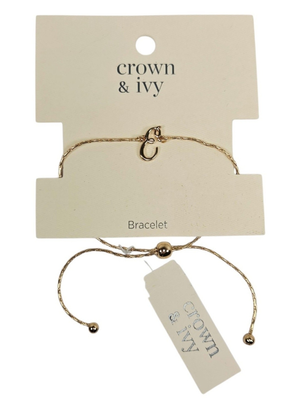 NWT Crown & Ivy Gold-Tone Monogram Script Initial " E" Charm Adjustable Bracelet